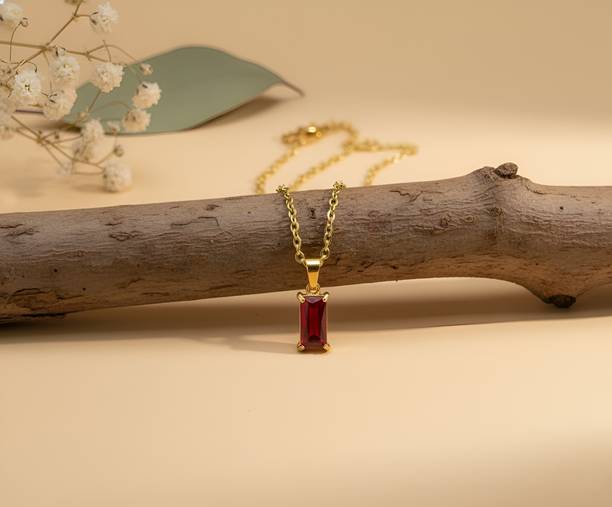 JEWELSCAPE Gold-Plated Stainless Steel Ruby-Red Rectangle Pendant with Adjustable Chain Smart Pendant