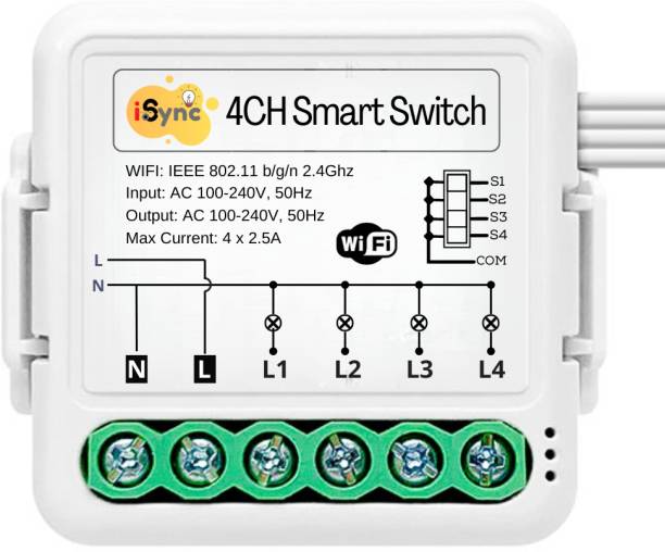 iSync Smart Switch 4CH for 4 Appliance/Light, Alexa Compatible, Mobile App Controlled Smart Switch