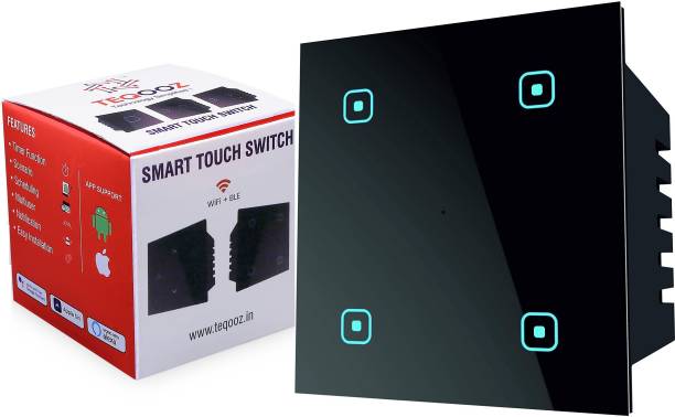 TEQOOZ 4-Touch WiFi Switch (Black) | Smart Life, Alexa, Google, Siri | Glass Finish | Smart Switch