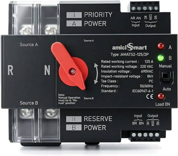 amiciSmart Dual Power Automatic Control Transfer Switch, 125A Changeover Switch Smart Switch