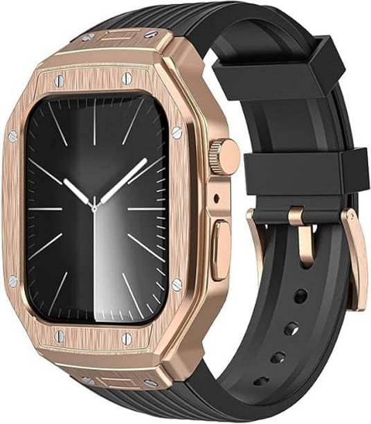 Augen Rugged Metal Case with Silicone Band for Apple Watch 45mm/44mm (Black & Gold) Smart Band Strap