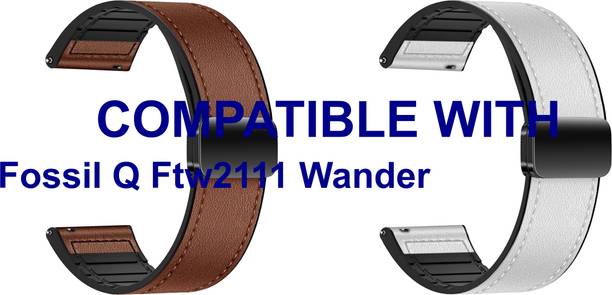 ACM WSM28P22BRWT1062 Pack of 2 Watch Strap Leather Magnetic Silicone 22mm for Fossil Q Ftw2111 Wander Smartwatch (Brown/White) Smart Watch Strap