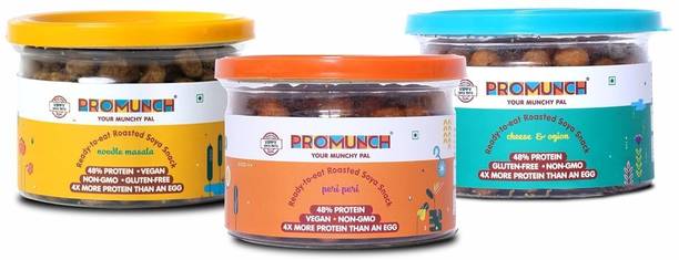 PROMUNCH Roasted Soya Snack High-Protein (Cheese&Onion,Peri-Peri,Noodle Masala) 70 g Each