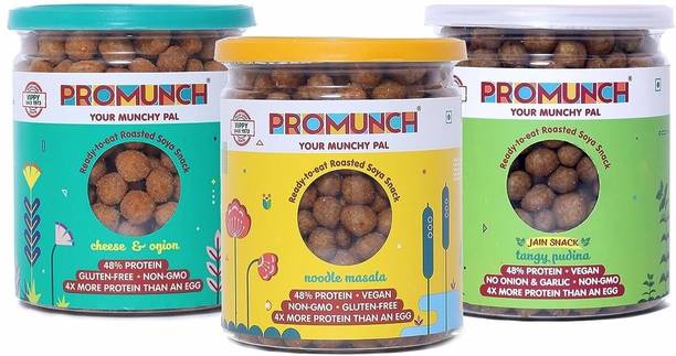 PROMUNCH Roasted Soya Snack Noodle Masala, Tangy Pudina & Cheese & Onion,150 g Each