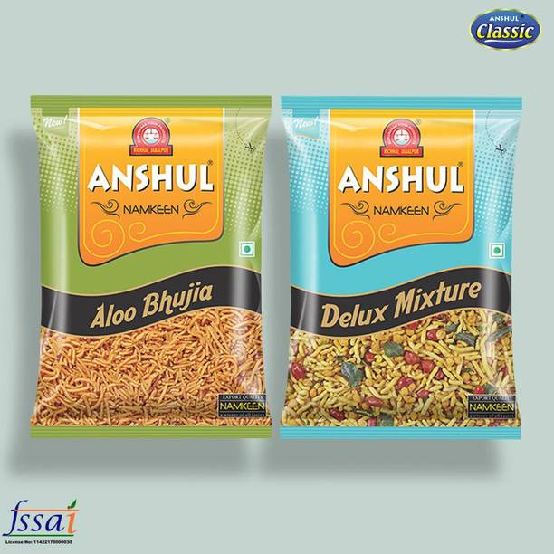 ANSHUL Classic Aloo Bhujia (350g)+ Delux Mixture (400g) Combo | Spicy & Crispy Snacks