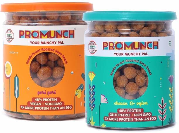 PROMUNCH Roasted Soya Snack Pack of 2, Flavour: Peri-Peri and Cheese & Onion - 150G Each