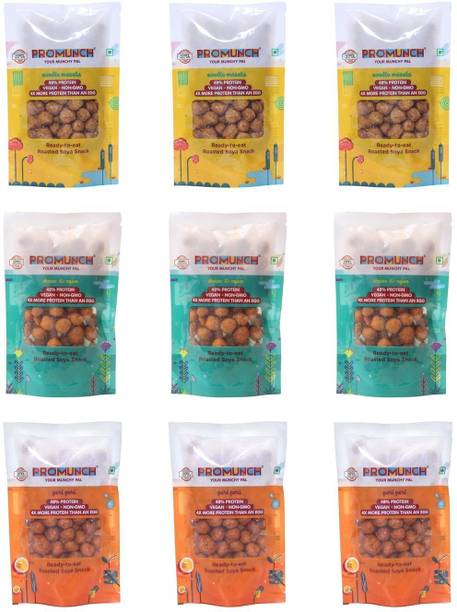 PROMUNCH Roasted Soya Snack (Cheese and Onion-3, Peri Peri-3, Noodle Masala-3) 30 gm Each