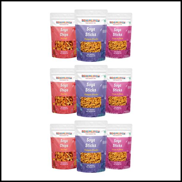 PROMUNCH Soya Sticks (ChatpataMasala-3 , CreamOnion- 3)Soya Chips (PeriPeri-3) Pack of 9
