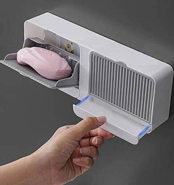 MFORALL Creative Wall Soap Box with Lid-001 Double Mesh Standing Soap Dryer Holder Flip Wall Mounted Double Soap Holder with Drain Tray