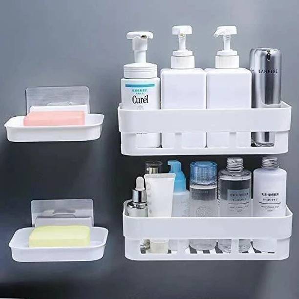 KYASO Pack of 4 Wall Mount Bathroom Shelf and Soap Rack for Home and Kitchen. Adhesive Sticker Support Without Drilling. (2 Bathroom Shelf + 2 Soap Dish, White Color)