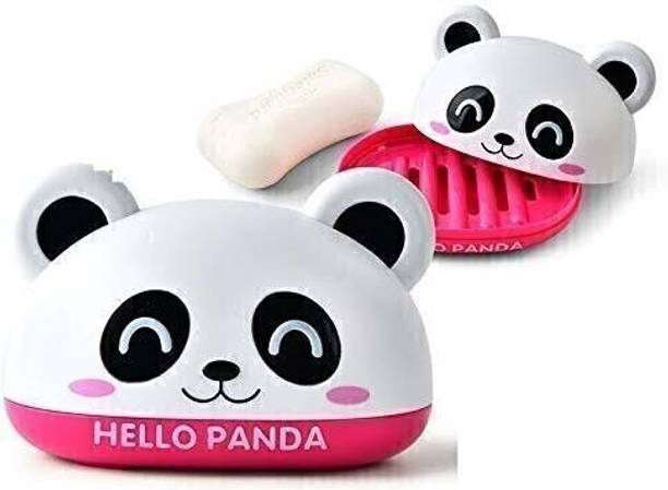 KEETLY Plastic Cute Panda Soap Box Holder With Cover Bathroom Storage Shelves Racks