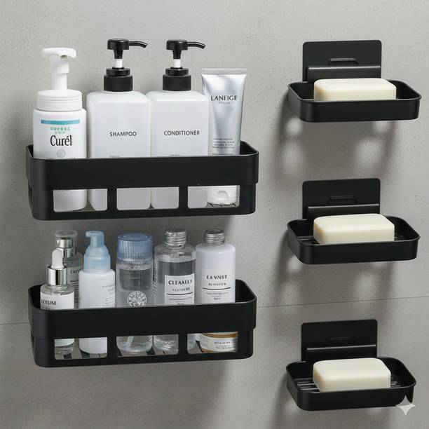 Zenvio Combo of 5 Pieces Bathroom Shelf Kitchen Shelf Soap Box Stand (Black)