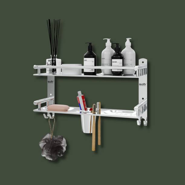 GLOXY Stainless Steel Bathroom Rack Shelf with Double Soap Dish and Toothbrush Holder
