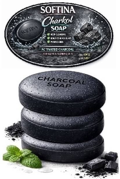 SOFTINA Charcoal soap pack OF 3 Natural Glow | Acne & Pimple Control Tan Removal Soap
