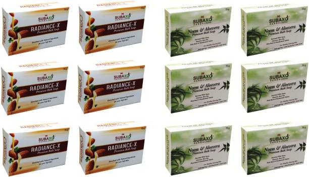 Subaxo Herbal Radiance-X Soap & Neem Aloevera Soap 12 Pc Each 75 G