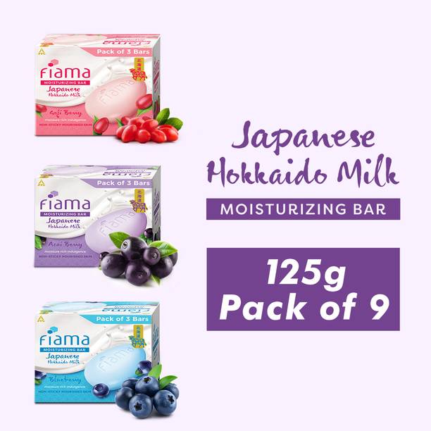FIAMA Moisturising Soap Bars, Japanese Hokkaido Milk & Berries, 125gX9, Nourished Skin