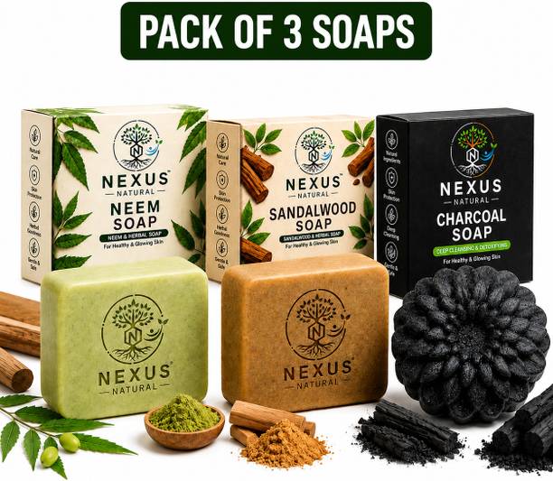 NEXUS NATURAL Pure Neem, Sandalwood & Charcoal Herbal Soap Combo Set - (Pack of 3)