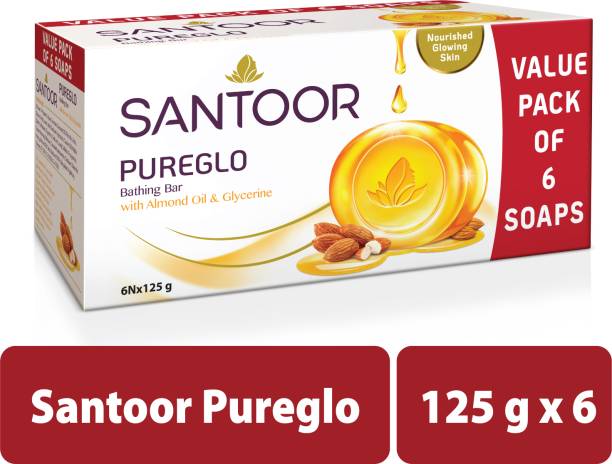 Santoor by Wipro PureGlo Glycerine Bathing Bar Soap with Almond Oil for Nourished & Glowing Skin