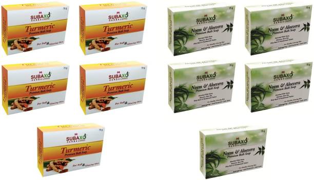 Subaxo Herbal Turmeric Skin Whitening Soap & Neem Aloevera soap 10 Pc Each 75 G