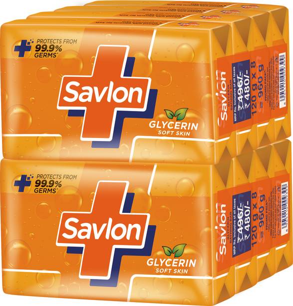 Savlon Glycerin Soap Bar with Protection, Natural Origin Glycerin, 120g Combo Pack 8 x 120 g