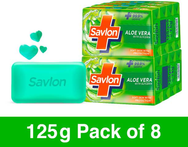 Savlon Aloe Vera with Glycerin Soap Bar, Combo Pack, 125gx8, For Women & Men,