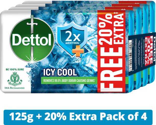 Dettol Intense Cool Bathing Soap Bar With Menthol,125g Pack of 4+20% extra free
