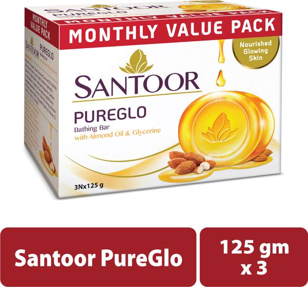 Santoor PureGlo Glycerine Bathing Bar Soap with Almond Oil for Nourished & Glowing Skin