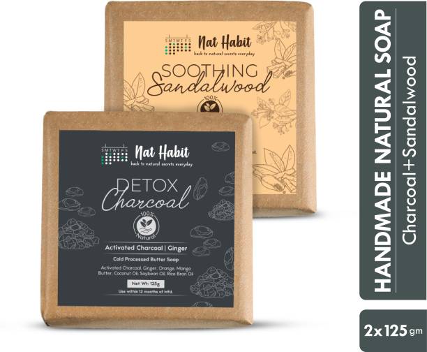 Nat Habit Activated Charcoal & Sandalwood Soap Combo | Handmade Butter Bath Soap | Natural, Ayurvedic & Cold Processed | Fresh with Charcoal, Ginger, RakthaChandan | Men & Women, 125g(Combo Pack of 2)