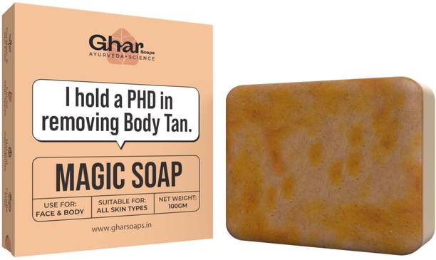GharSoaps मैजिक सोप सैंडल वुड एंड सैफ्रन फॉर देटैन एंड ग्लोइंग ब्राइटनिंग स्किन