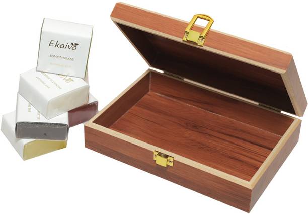 Ekaiva Organics Luxury Handmade Bathing Bar Gift Set of 6 Soaps |Reddish Brown Wooden Box