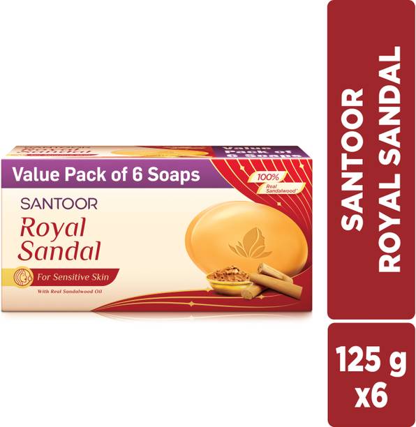 Santoor by Wipro Royal Sandal Bathing Soap with Sandalwood Oil & Chamomile Oil for Sensitive Skin