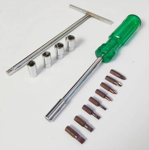 4MECH T-Handle With 8, 9, 10, 11, MM CRV Steel Sockets with Screw Driver Bit Set Socket Set