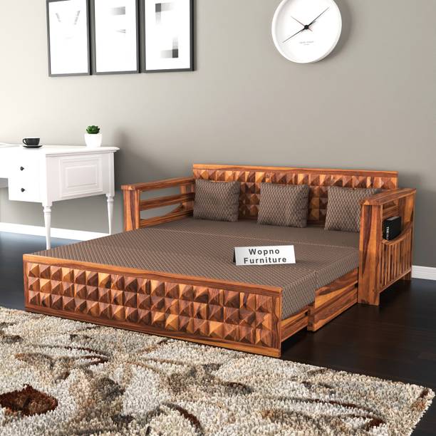 Wopno Furniture Sheesham Wooden 3 Seater Sofa Cums Bed with Mattresses for Home Living Room 3 Seater Double Solid Wood Pull Out Sofa Cum Bed