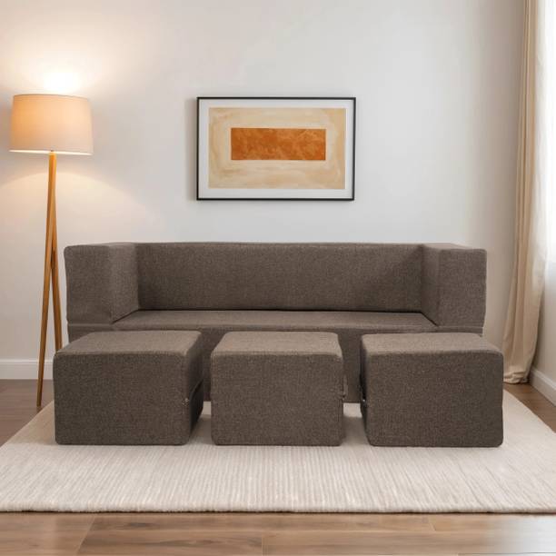 Seventh Heaven 72x60x14 inch Jute Fabric with 3 Puffy 3 Seater Double Foam Fold Out Sofa Cum Bed