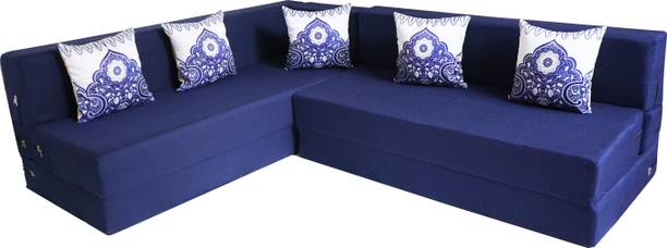 Little Smile L-Shaped 78x60x16 inch- Jute Fabric 4 -blue 4 Seater Double Foam Fold Out Sofa Cum Bed