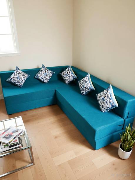 Little Smile L-Shaped 90x72x16 inch- Jute Fabric 5 -sblu 5 Seater Double Foam Fold Out Sofa Cum Bed