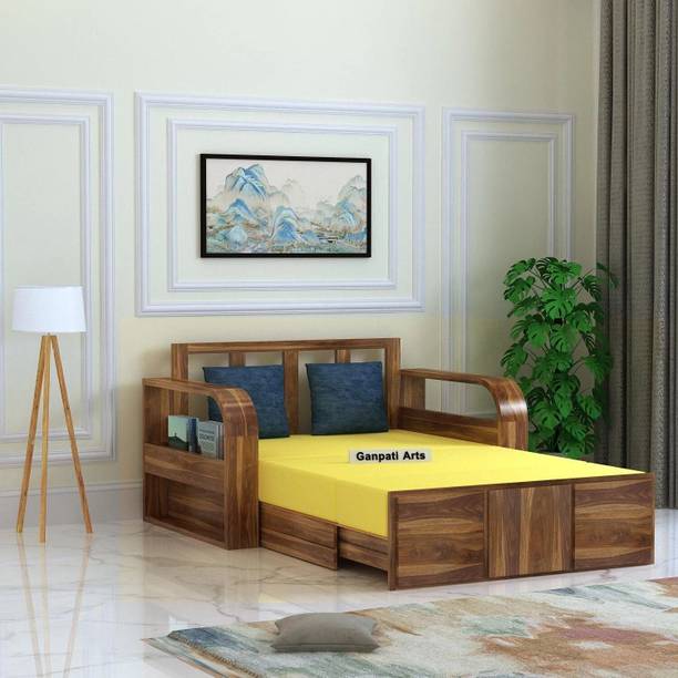 Ganpati Arts Scott Solid Sheesham Wood with Headboard and Mini Storage 2 Seater Single Solid Wood Pull Out Sofa Cum Bed