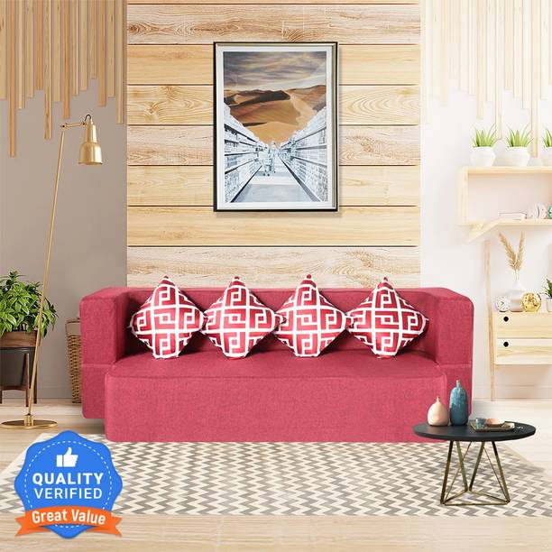 Seventh Heaven 78x36x14 inch Jute Fabric with 4 Cushions 4 Seater Double Foam Pull Out Sofa Cum Bed