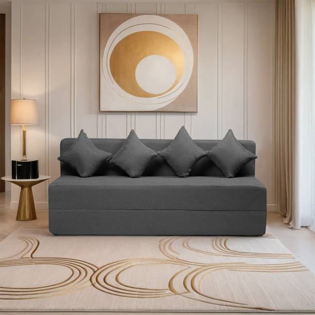 Comfort Mantra 4 Seater 6*6 Jute Fabric Washable Cover Sofa cum Bed with 4 Cushions 4 Seater Double Foam Fold Out Sofa Cum Bed