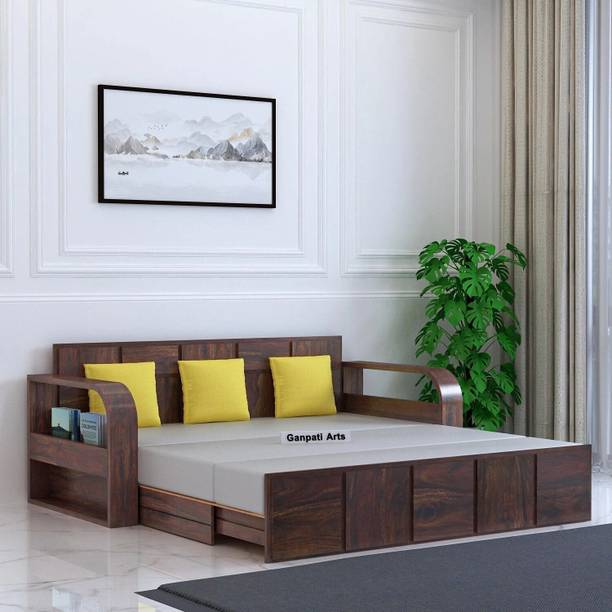 Ganpati Arts Scott Solid Sheesham Wood 3 Seater Sofa Cum Bed with Side Pocket Mini Storage 3 Seater Double Solid Wood Pull Out Sofa Cum Bed