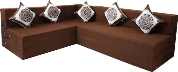 Little Smile L-Shaped 78x60x16 inch- Jute Fabric 4 -brown 4 Seater Double Foam Fold Out Sofa Cum Bed