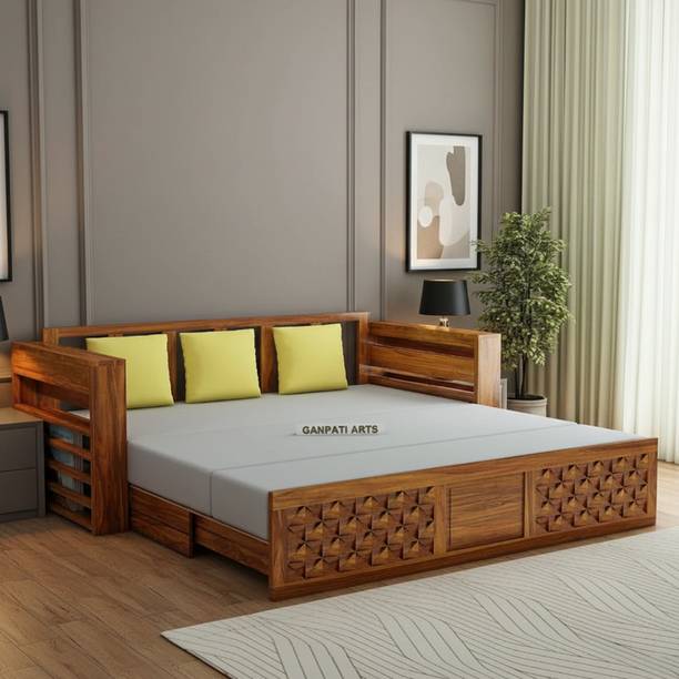 Ganpati Arts Sheesham Wood Raj with Headboard & Mini Storage for Home 3 Seater Double Solid Wood Pull Out Sofa Cum Bed