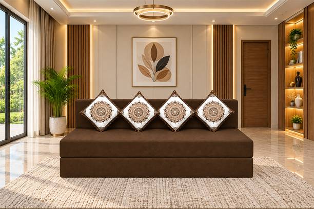 Little Smile 6X6 size for 4 Person- Jute Fabric Washable Cover 4 Seater Double Foam Fold Out Sofa Cum Bed