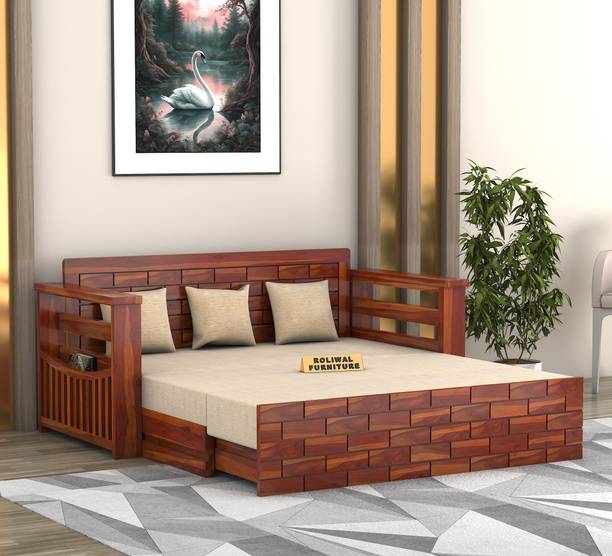 Roliwal Sheesham Wooden 3 Seater Sofa Cums Bed with Mattresses for Home Living Room 3 Seater Double Solid Wood Pull Out Sofa Cum Bed