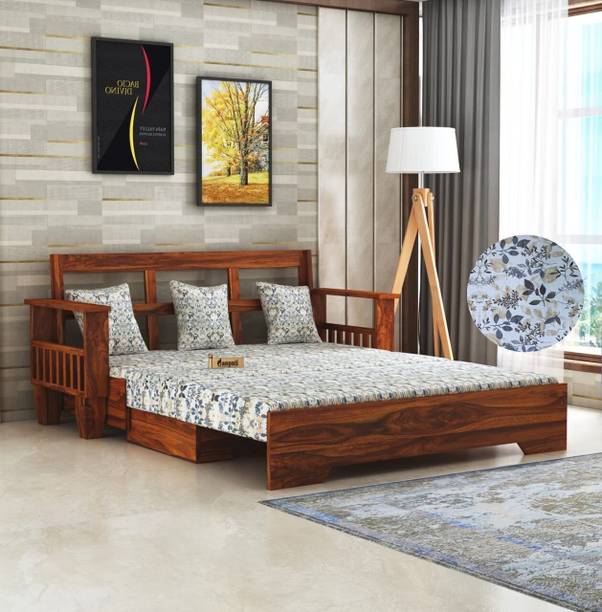 Ganpati Arts Sheesham Wood Jodhpur 3 Seater Sofa Cum Bed with Floral Fabric and Side Pocket 3 Seater Double Solid Wood Pull Out Sofa Cum Bed