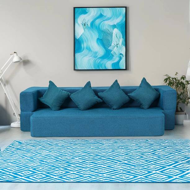 Seventh Heaven 4 Seater Sofa Bed 78x44x10 inch Jute Fabric with 4 Cushions 4 Seater Double Foam Fold Out Sofa Cum Bed