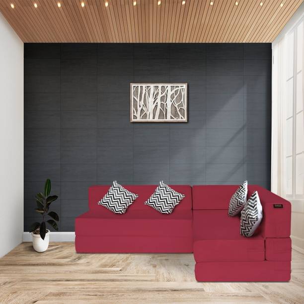 Fresh Up L-Shaped Jute Fabric 4 -Maroon 4 Seater Double Foam Fold Out Sofa Cum Bed