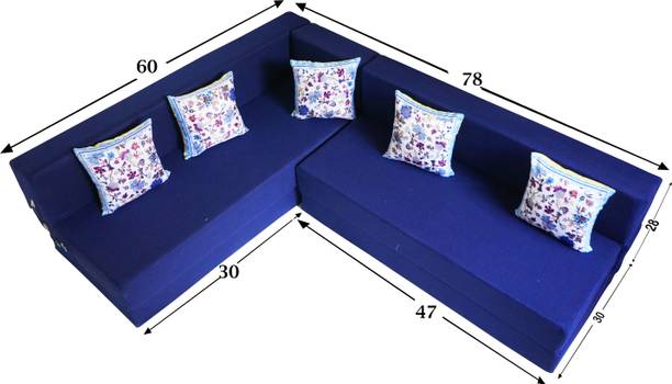 Little Smile L-Shaped 78x60x16 inch- Jute Fabric 4 -Blue 4 Seater Double Foam Fold Out Sofa Cum Bed