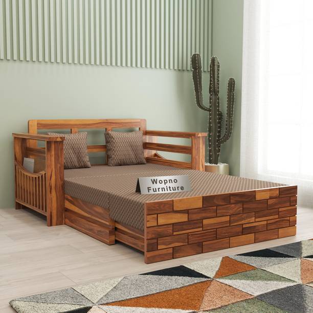 Wopno Furniture Sheesham Wooden 2 Seater Sofa Cums Bed with Mattresses for Home Living Room 2 Seater Double Solid Wood Pull Out Sofa Cum Bed