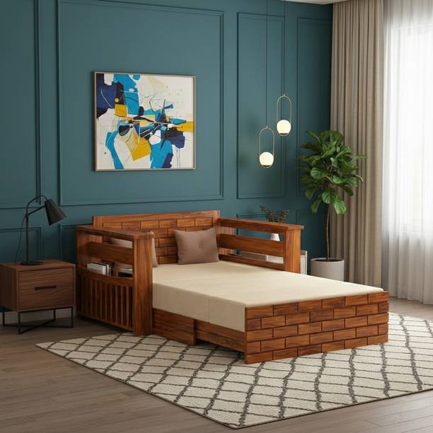 BhagwatiArt Sheesham Wood 2 Seater Sofa Cum Bed With Storage & Side Pocket For Living Room | 2 Seater Double Solid Wood Pull Out Sofa Cum Bed